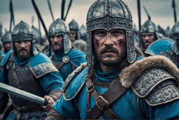 Obraz premium A fierce warrior, covered in blood, leads his medieval army into battle with resolute eyes.