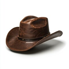 A worn leather cowboy hat with a band isolated on white background