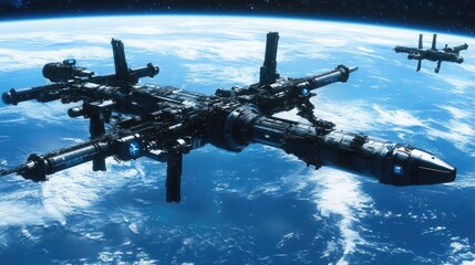 Naklejka premium Futuristic spaceship orbiting Earth
