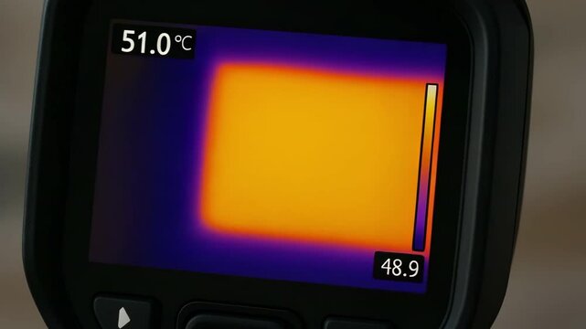 Thermal imaging display reveals temperature range from 48.9 to 64.5 degrees Celsius, highlighting rework and repair processes for safety concerns.