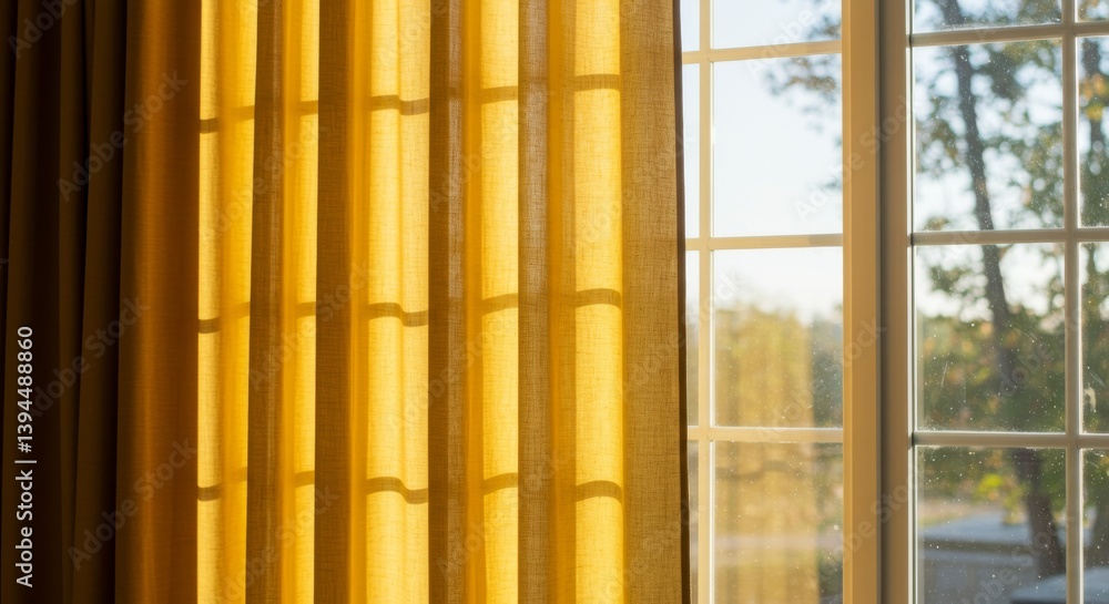 Poster golden hour curtains and window view - sunlight streams through sheer gold curtains, illuminating a 