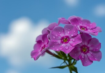 Obraz premium Pink Garden Flowers with Water Droplets Against a Cloudy Blue Sky