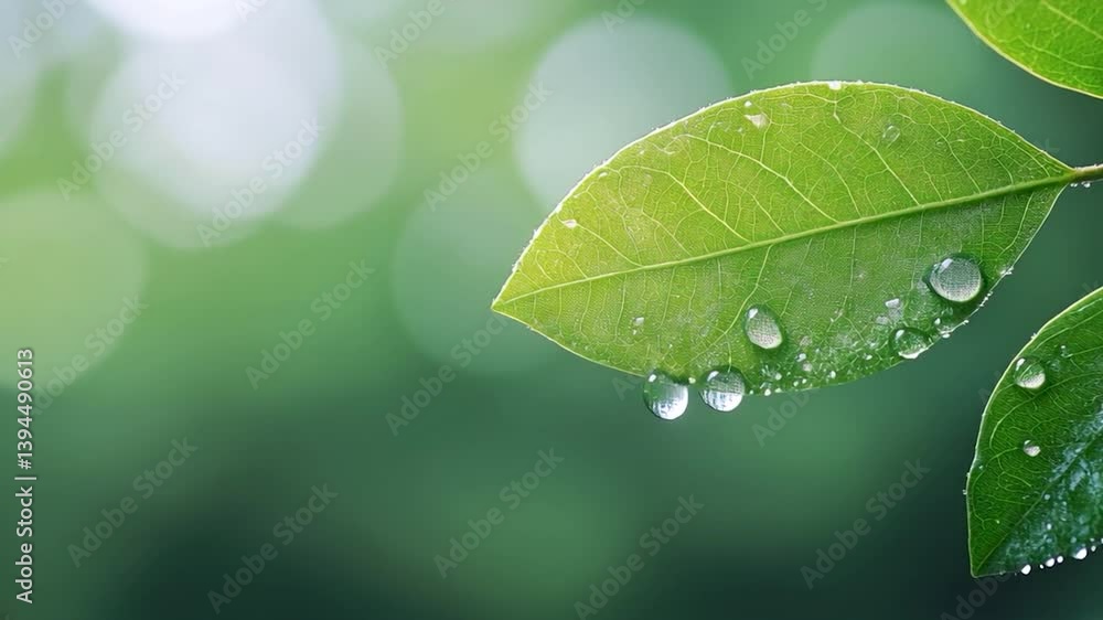 Poster close-up of a dew drop slowly falling from a green leaf in high definition