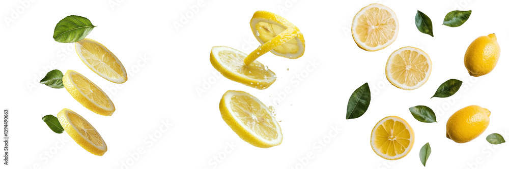 Poster elegant isolated minimalist mockups of fresh lemon slices with green leaves showcasing vibrant color