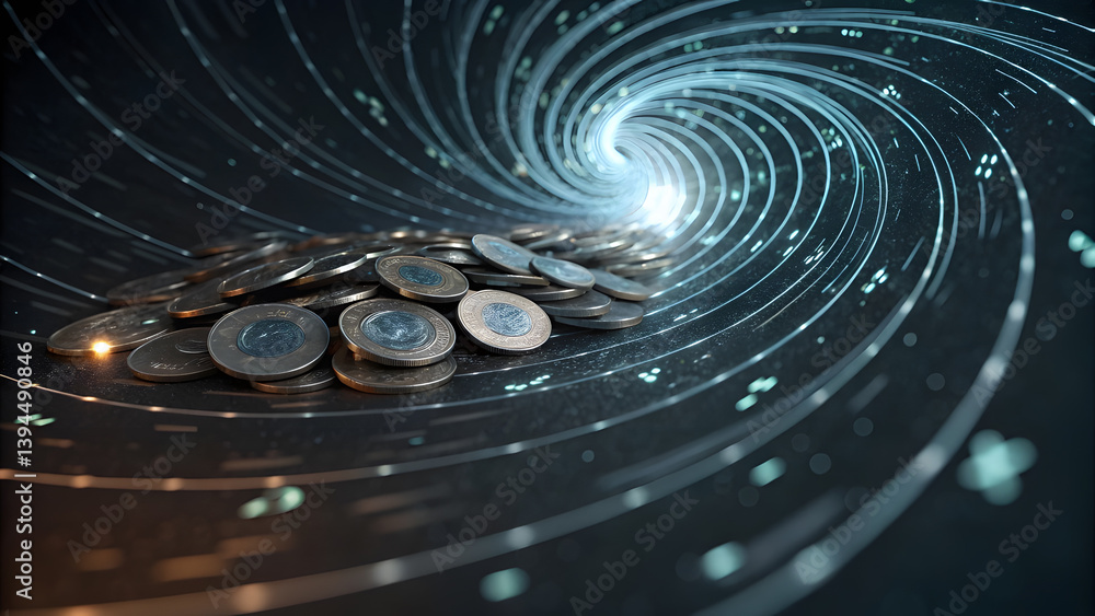 Wall mural vortex absorbing coins and glowing data. perfect for: global currency crisis, data absorption concep
