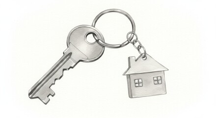 House Key Keychain Security and Investment - Silver house key and keychain symbolize homeownership, security, property investment, financial success, and real estate