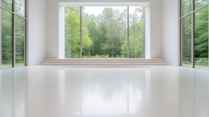 Modern Minimalist Room Large Window Bright Lighting Wide Angle View Reflective Floor Serene Atmosphere Tranquil Space Forest View Bright White Tones Ideal for Architecture Portfolio