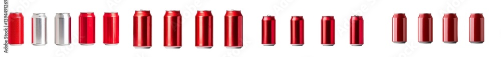Poster Minimalist display of various beverage cans in red and silver colors for product branding and packaging design inspiration
