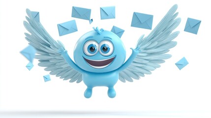 Joyful winged character flying with mail envelopes.