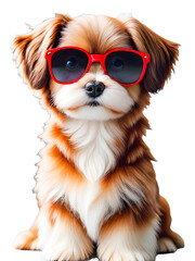 Cute dog with red sunglasses isolated on white background
