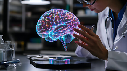 professional analyzing a 3D holographic model of a human brain for a new treatment method 