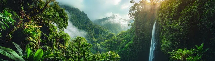 Lush tropical rainforest showcasing diverse wildlife and cascading waterfalls where endangered species thrive amid vibrant greenery in pristine natural habitat untouched by human development.