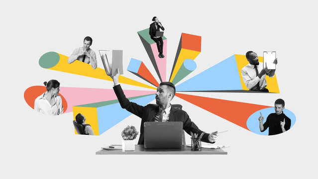 Creative businessman lifting documents while interacting with virtual collaborators on vibrant projections. Concept of remote project management and outsourcing workflow, business, employment