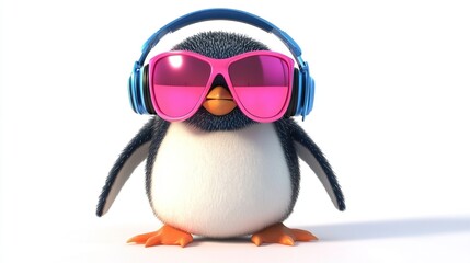 Cool penguin wearing headphones and sunglasses.