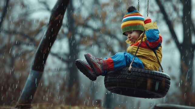 Colorfully dressed child sitting on a tire swing on a rainy day, enjoying a moment