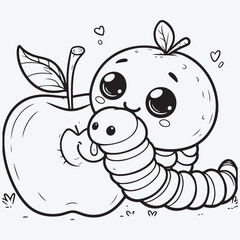 Vector illustration of Cute worm eating his way through a red apple black and white drawing For children to learn to color according to the picture. stock illustration