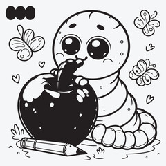 Vector illustration of Cute worm eating his way through a red apple black and white drawing For children to learn to color according to the picture. stock illustration
