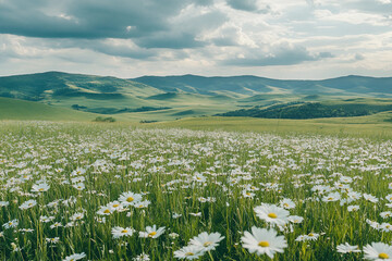 Wildflower Meadow In Spring With Blooming Daisies And Rolling Hills Generative AI