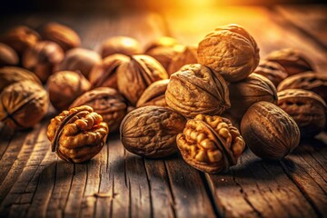 Rustic Walnut Tabletop Still Life Warm Lighting Enhances Natural Wood Grain and Exquisite Details
