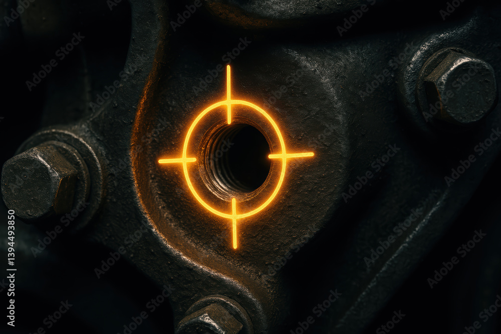 Poster close up view of metallic surface featuring threaded hole with glowing target symbol indicating focu