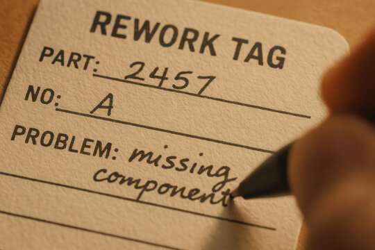 Rework tag indicating repair needed for part 2457 due to missing component, highlighting importance of addressing not good issues