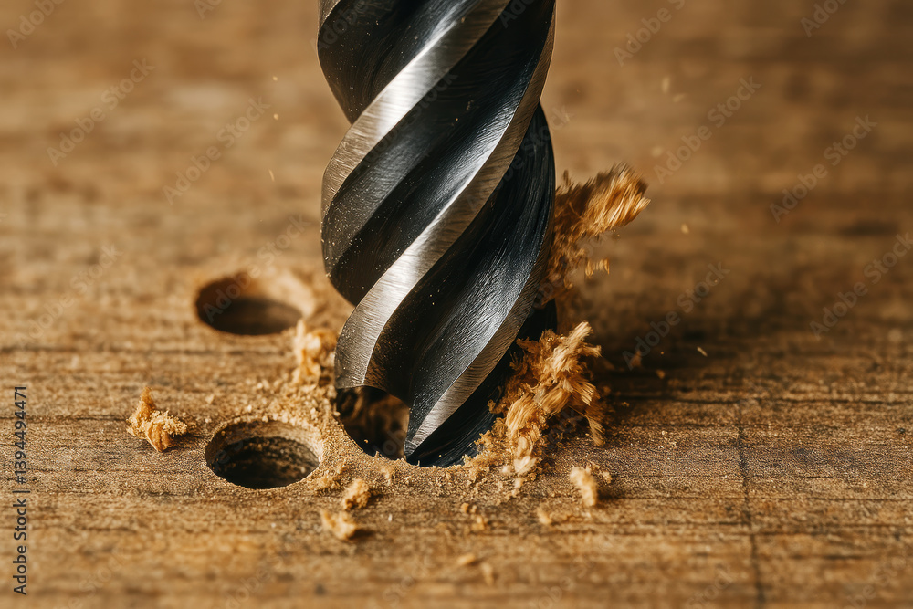 Poster drill bit is reworking wood by creating hole, but repair is not good as it shows signs of not being 