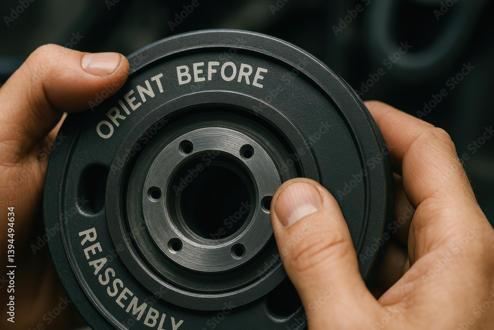 Aufkleber person is holding mechanical part with instructions for orientation before reassembly, emphasizing i