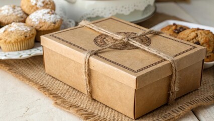 Gift box with twine surrounded by baked goods on a rustic table setting.