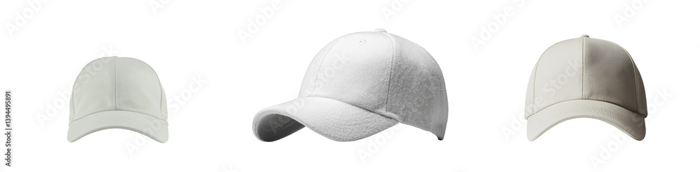 Poster minimalist mockup of three isolated white caps showcasing different angles and designs for casual we