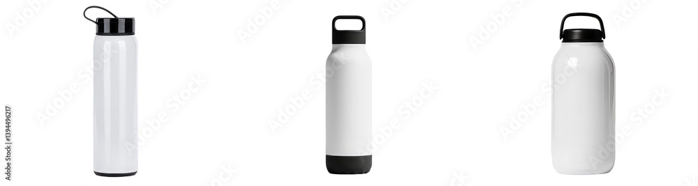 Poster minimalist isolated mockups of sleek water bottles in different designs showcasing versatility and s