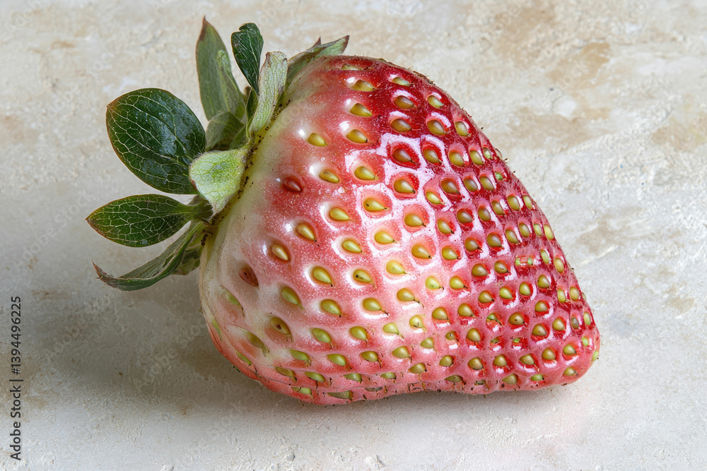 Poster close-up of a vibrant, partially ripe strawberry with green leaves against a textured, neutral backg