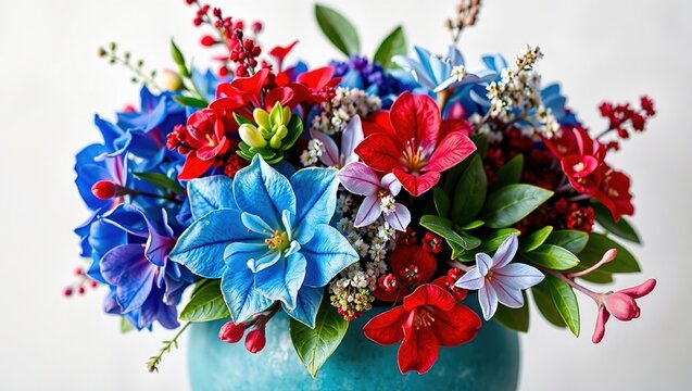 Teal Cement Vase with Blue, Red, and Silver Azaleas, Cotoneaster, and Veratrum
