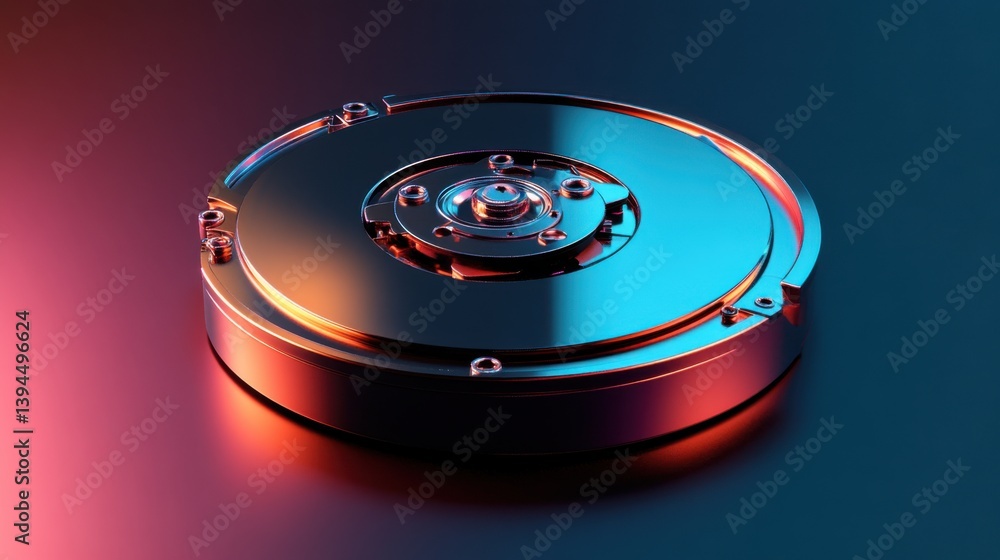 Poster a sleek, futuristic design of a circular data storage device, showcasing reflective surfaces and vib