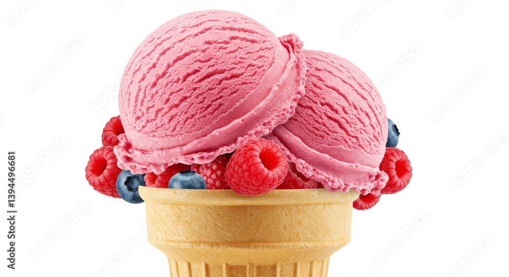 Poster raspberry delight ice cream cone - sweet raspberry ice cream scoops, adorned with fresh raspberries 
