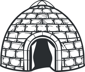 Black and white illustration of a traditional igloo made from ice blocks.