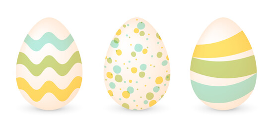 Collection of decorative Easter eggs painted in pastel colors, isolated on a transparent background. Easter eggs with wavy, dotted and striped patterns. Best for Easter greetings. Vector illustration