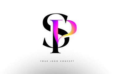 Elegant SP logo concept icon design with serif font and purple blue neon colors.