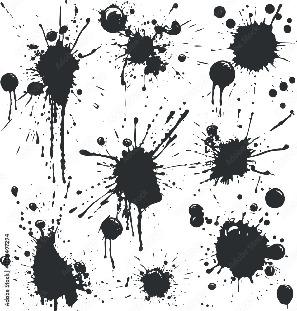 Poster black ink splatters on a white background creating an abstract and chaotic art design.