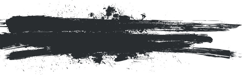 Abstract black brushstroke with grunge texture and splatter on white background.