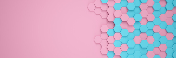 3d rendering of hexagons in blue and pink over pink color background - abstract background - wallpaper - backdrop.
