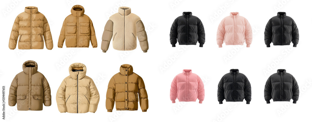 Aufkleber minimalist mockups showcasing various puffer jacket designs in neutral and vibrant colors on a clean