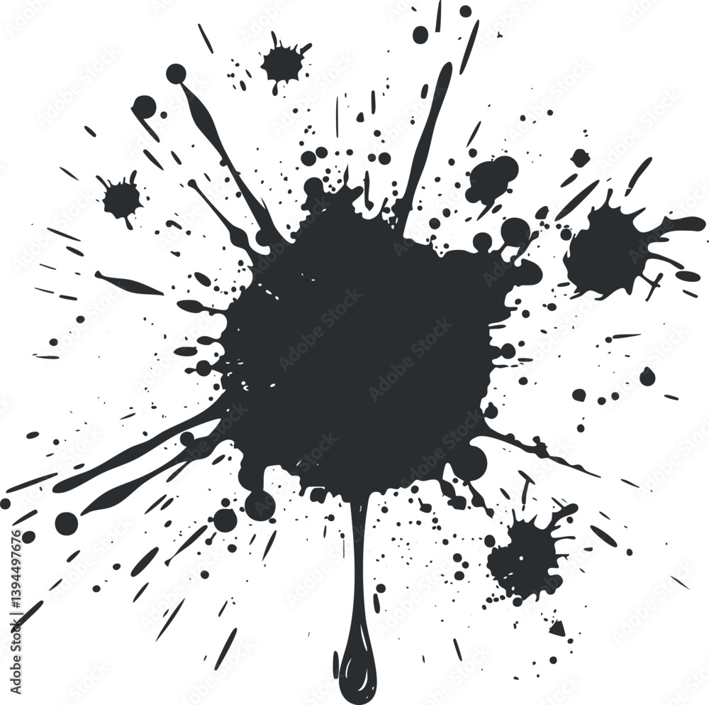Poster black ink splash with scattered splatters on a white background, creating an abstract design.