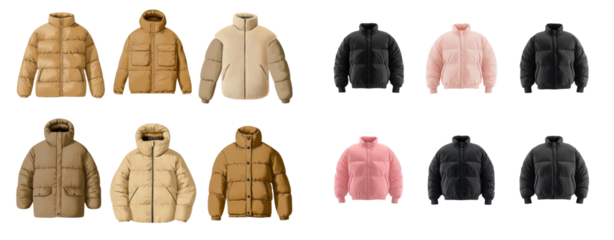 Minimalist mockups showcasing various puffer jacket designs in neutral and vibrant colors on a clean background