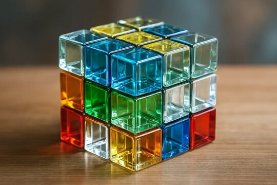 a rubics cube that made out of clear cristal cubes, make it with similar color patern of a real rubics cube