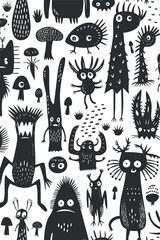Quirky black and white illustration featuring various cartoon monsters in a whimsical pattern. © vadymstock