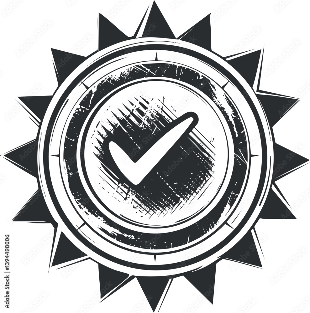 Poster grunge-style circular badge with a checkmark symbol, featuring a sunburst design and textured finish