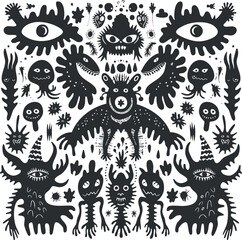 Obraz premium A surreal black and white illustration featuring a variety of abstract monsters and eyes.