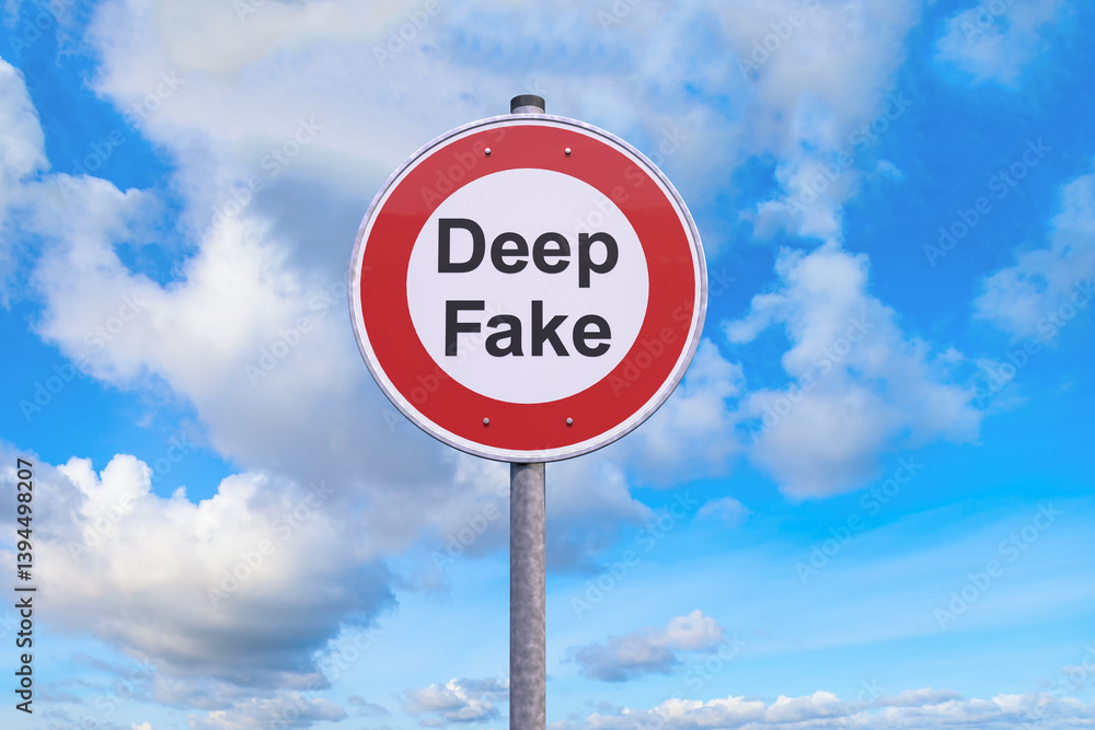 Poster 3d rendering of a prohibition traffic sign with the message deep fake - banned symbol - in the backg