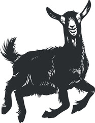 Silhouette of a joyful goat jumping, depicted as a black and white vector illustration.