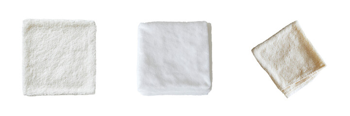 Presentation of isolated minimalist mockups featuring various white cloth towels arranged neatly in a clean and simple format